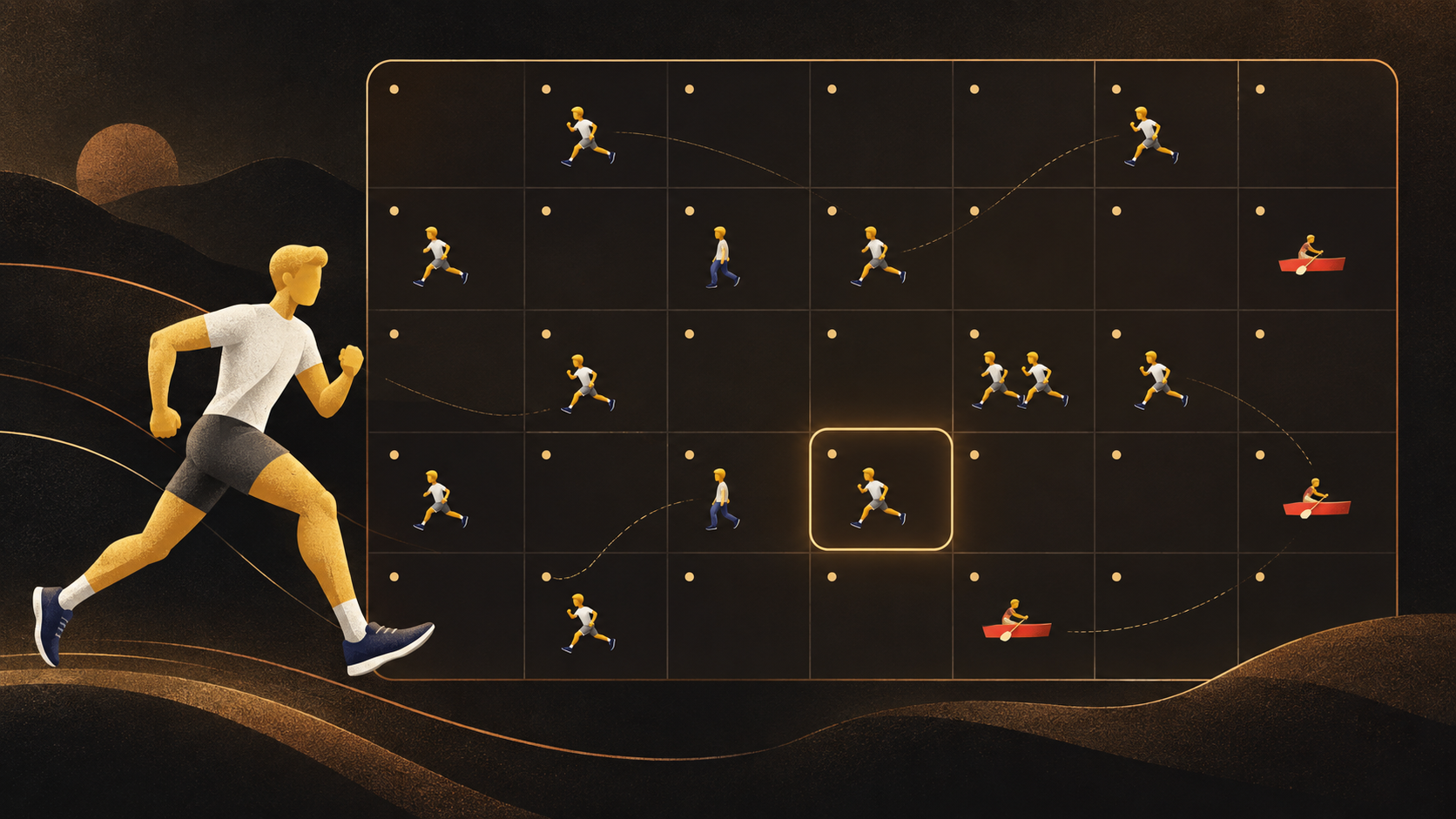 Stylized runner beside a dark workout calendar filled with running, walking, and paddling activity icons