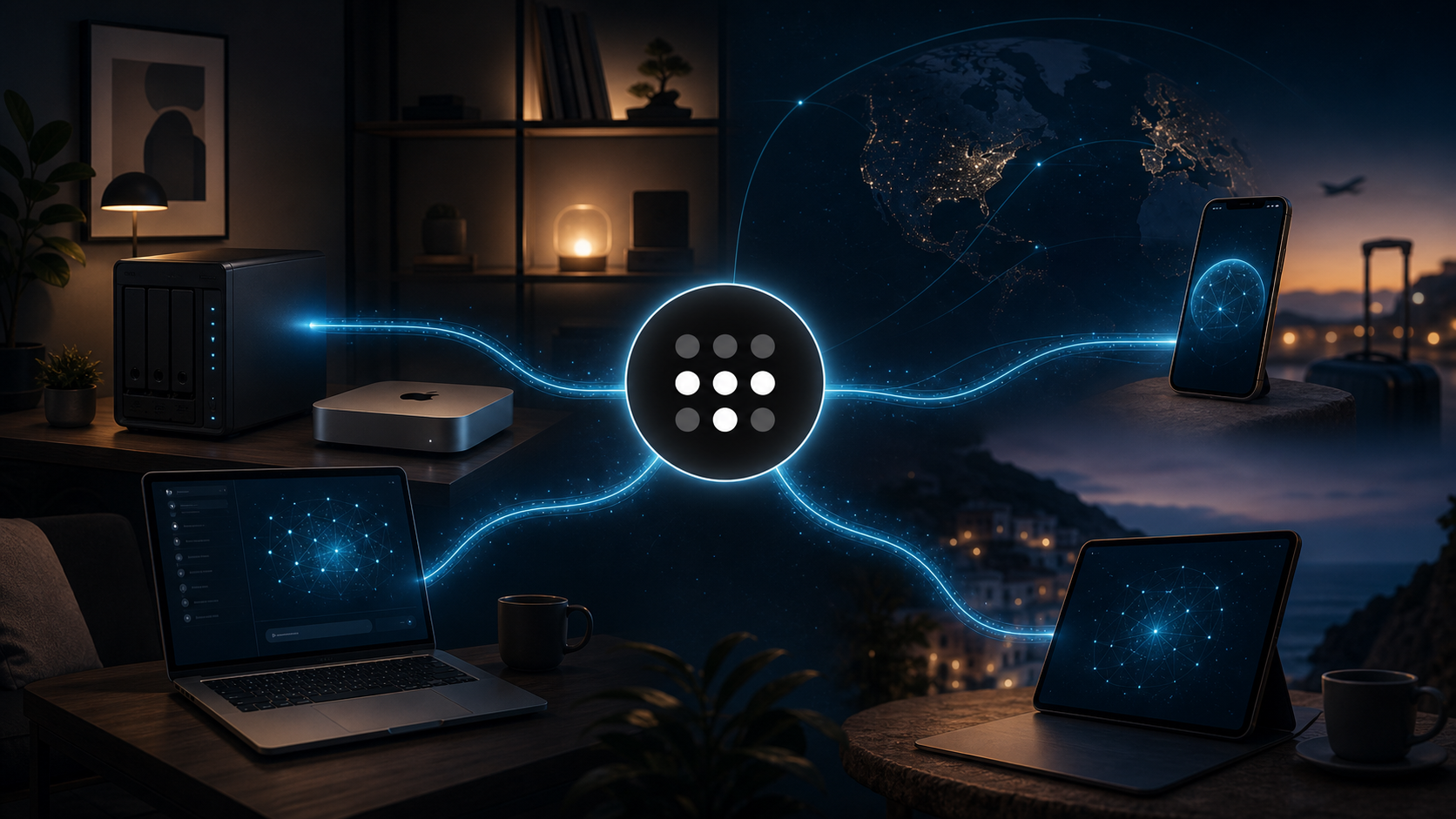 A Tailscale network connecting a home NAS, Mac Mini, laptop, phone, and tablet across home and travel locations