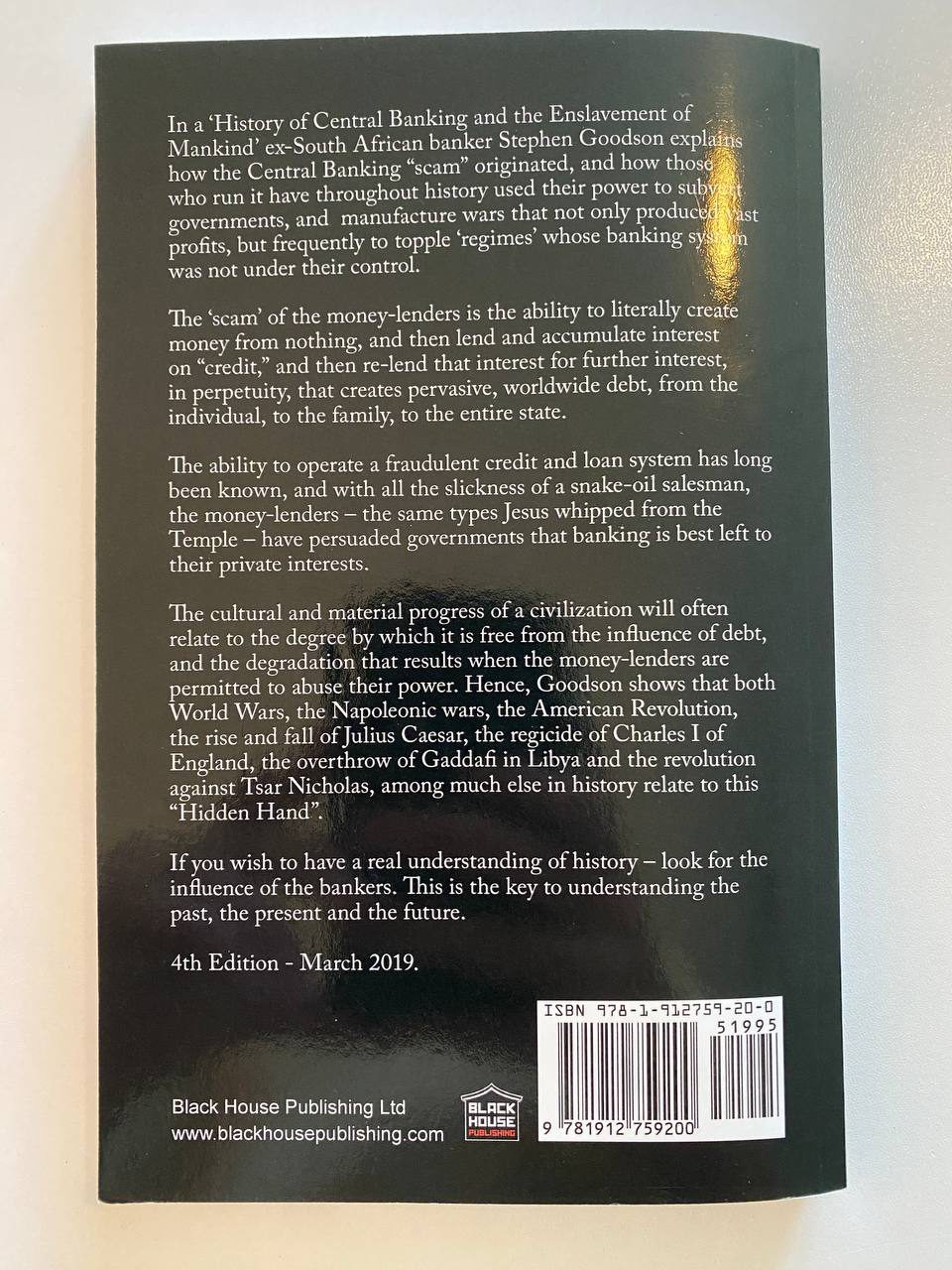 Back cover of Drew's copy of A History of Central Banking and the Enslavement of Mankind