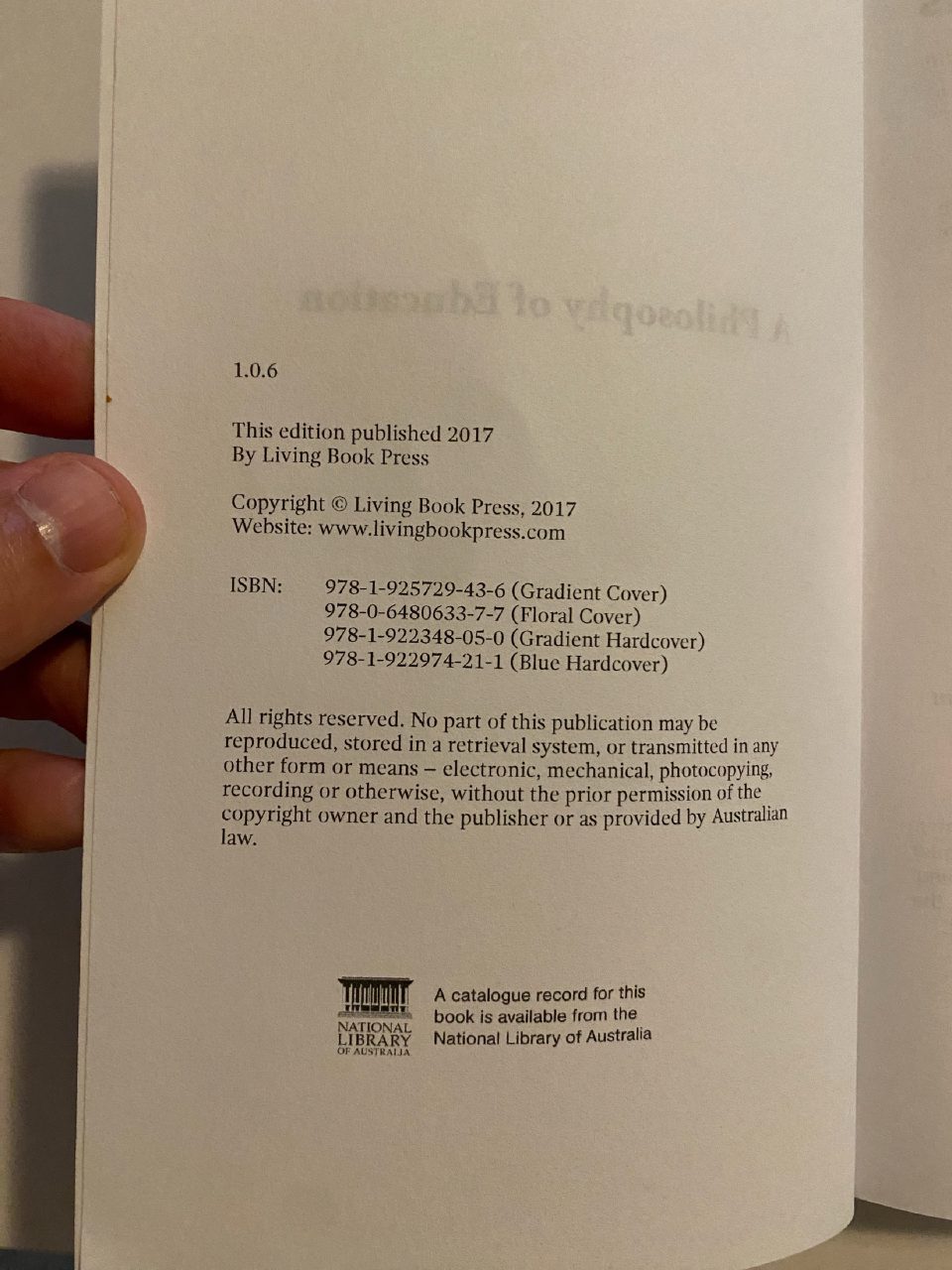 Physical detail of Drew's copy of A Philosophy of Education