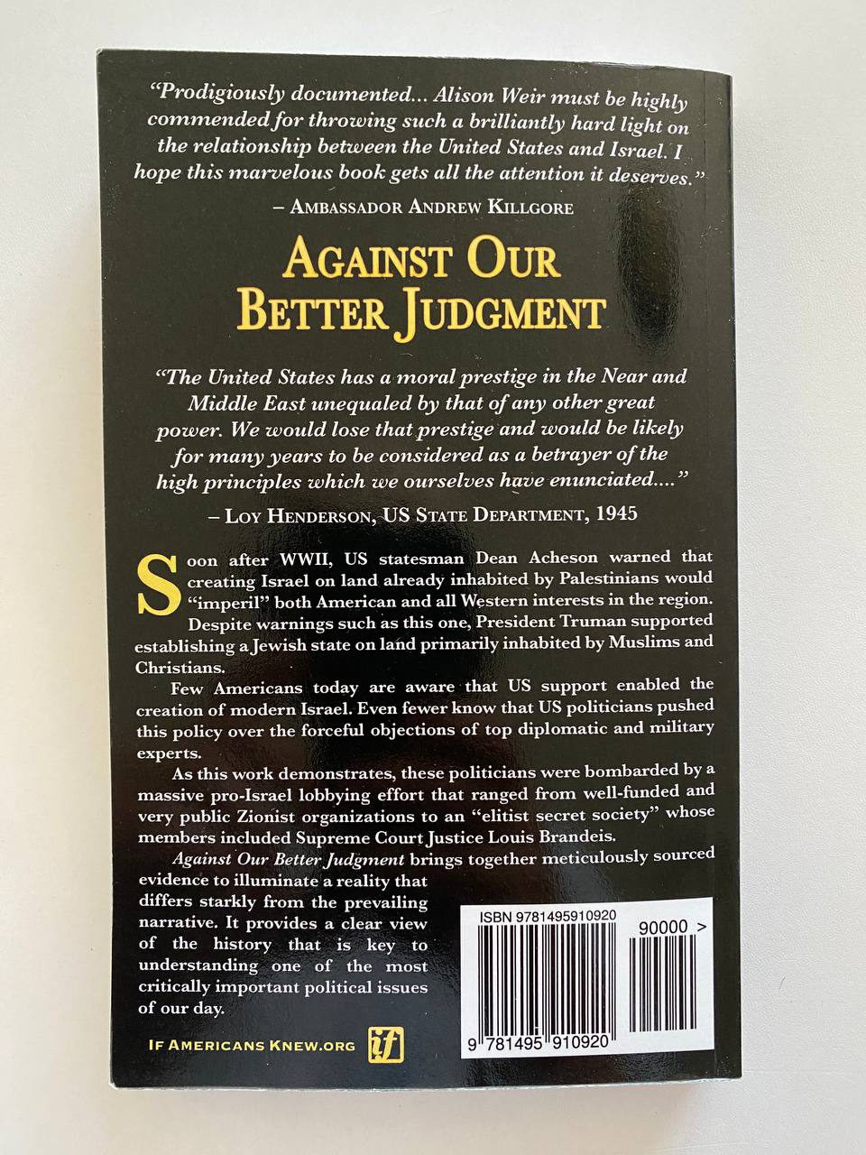 Back cover of Drew's copy of Against Our Better Judgment