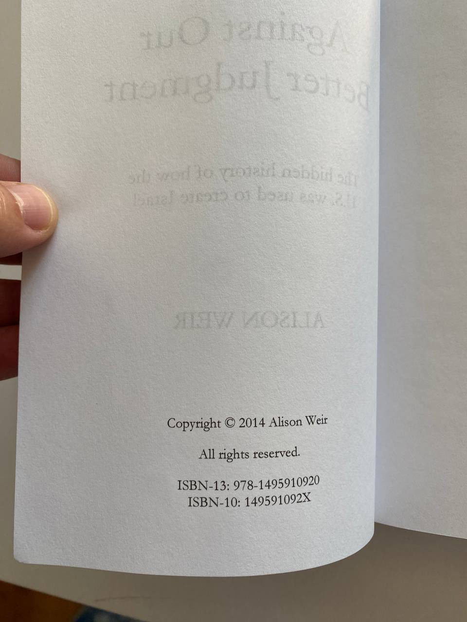 Copyright page of Drew's copy of Against Our Better Judgment