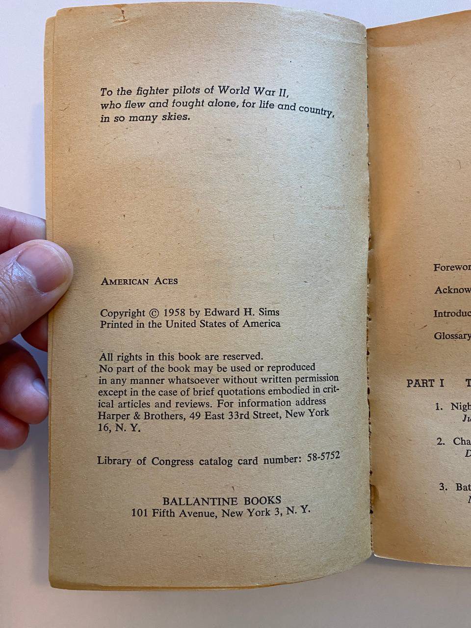 Copyright page of Drew's copy of American Aces in Great Fighter Battles of World War II