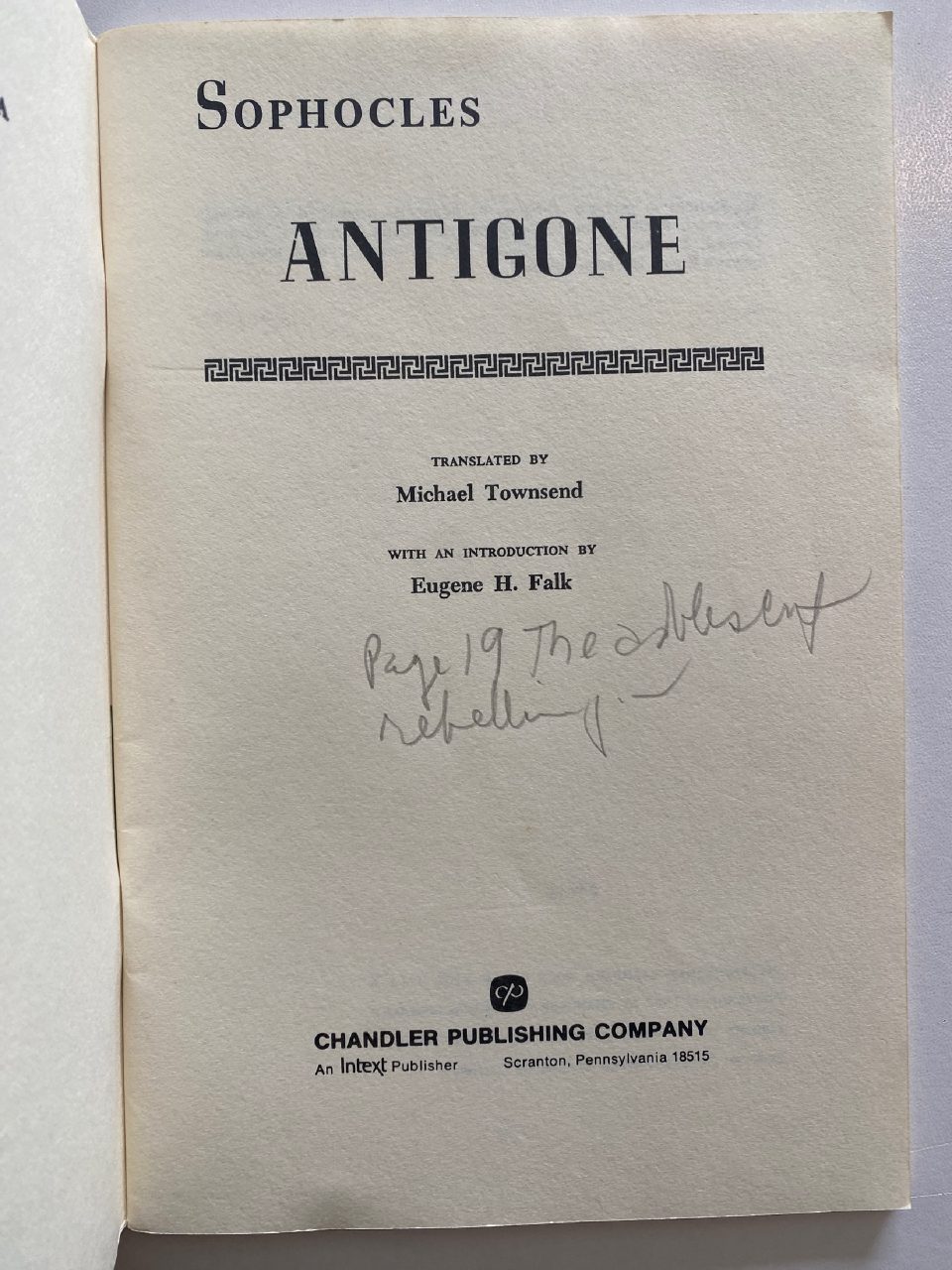 Physical detail of Drew's copy of Antigone