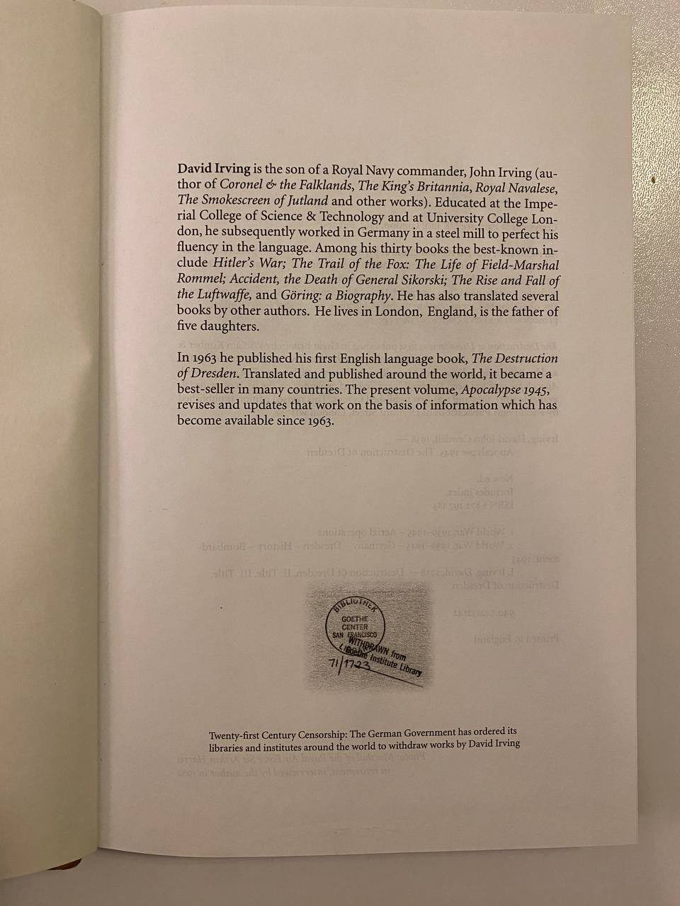 Author biography of Drew's copy of Apocalypse 1945: The Destruction of Dresden