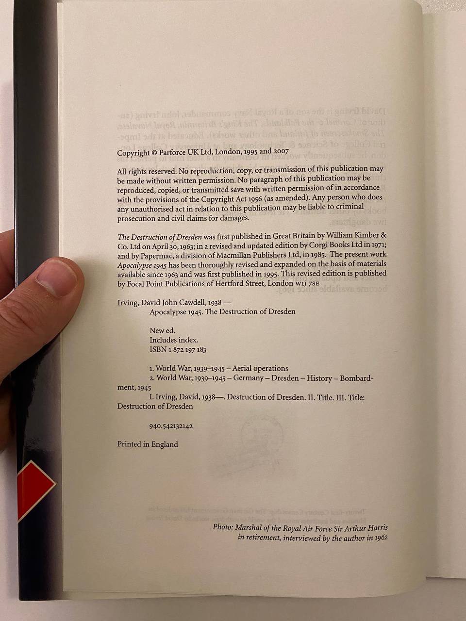 Copyright page of Drew's copy of Apocalypse 1945: The Destruction of Dresden