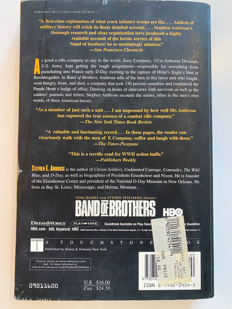 Back cover of Drew's copy of Band of Brothers