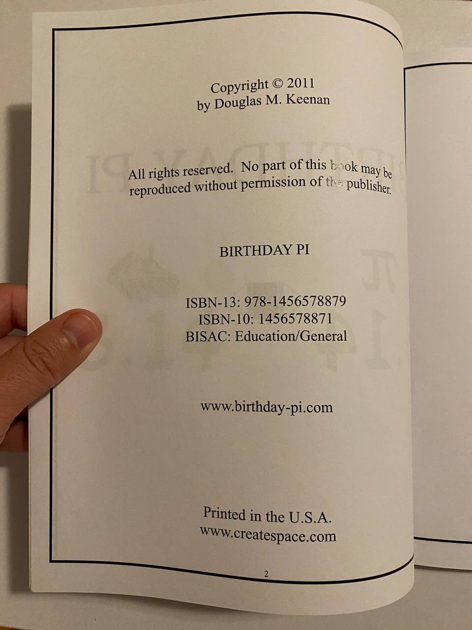 Copyright page of Drew's copy of Birthday Pi