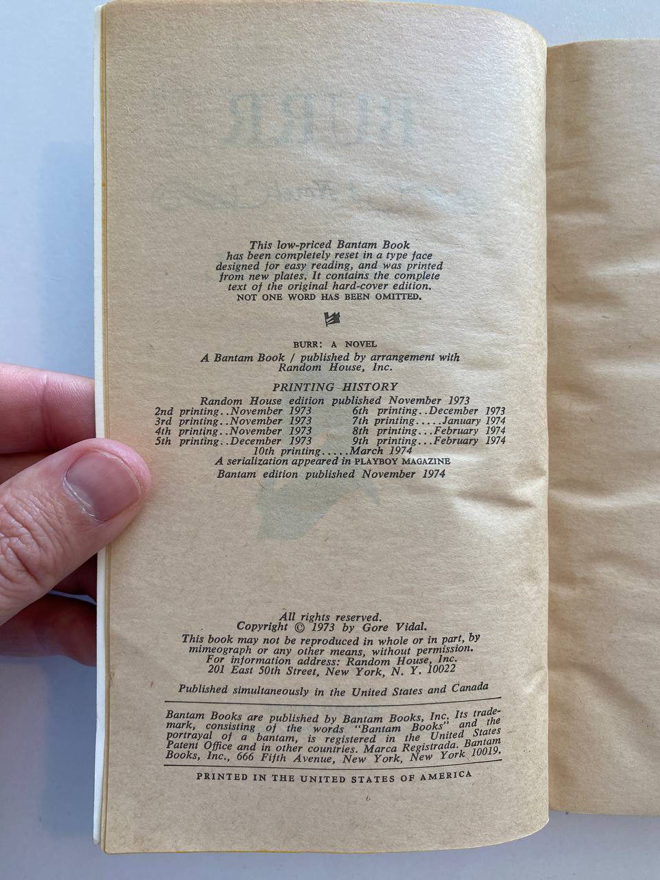 Copyright page of Drew's copy of Burr