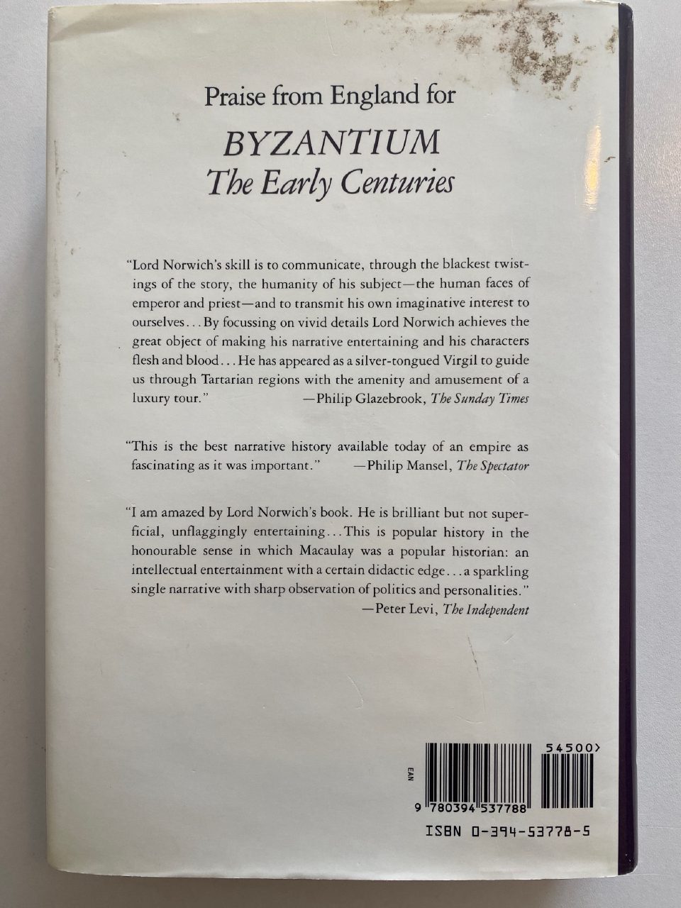 Back cover of Drew's copy of Byzantium: The Early Centuries