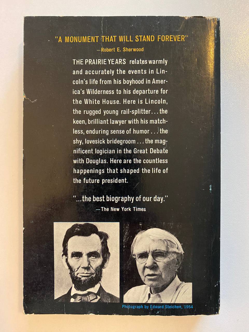 Back cover of Drew's copy of Carl Sandburg's Abraham Lincoln: The Prairie Years and The War Years, Volume 1