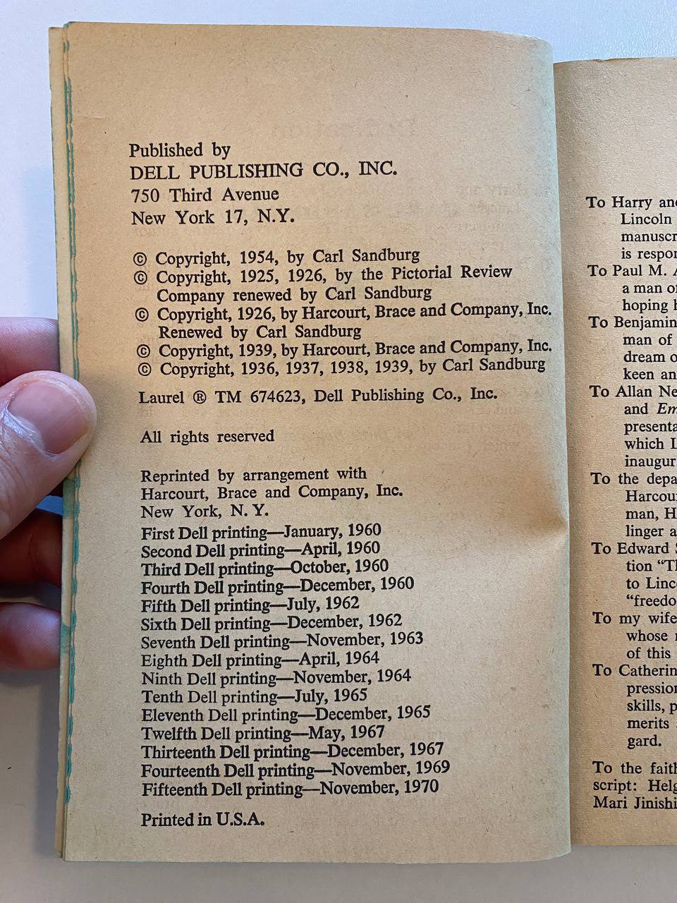 Copyright page of Drew's copy of Carl Sandburg's Abraham Lincoln: The Prairie Years and The War Years, Volume 1
