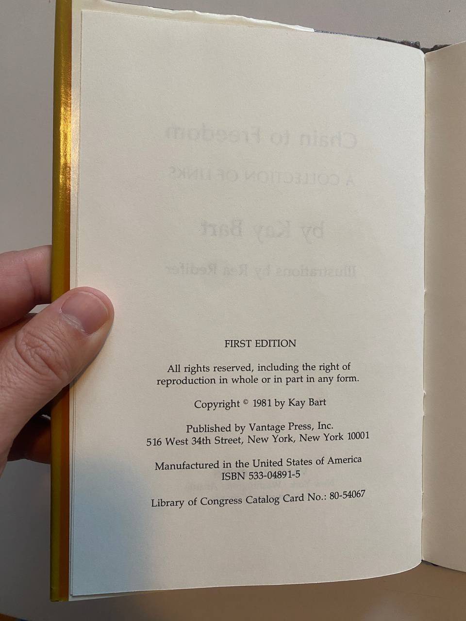 Copyright page of Drew's copy of Chain to Freedom: A Collection of Links