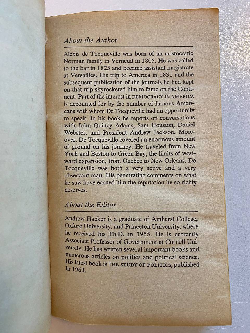 Author biography of Drew's copy of Democracy in America