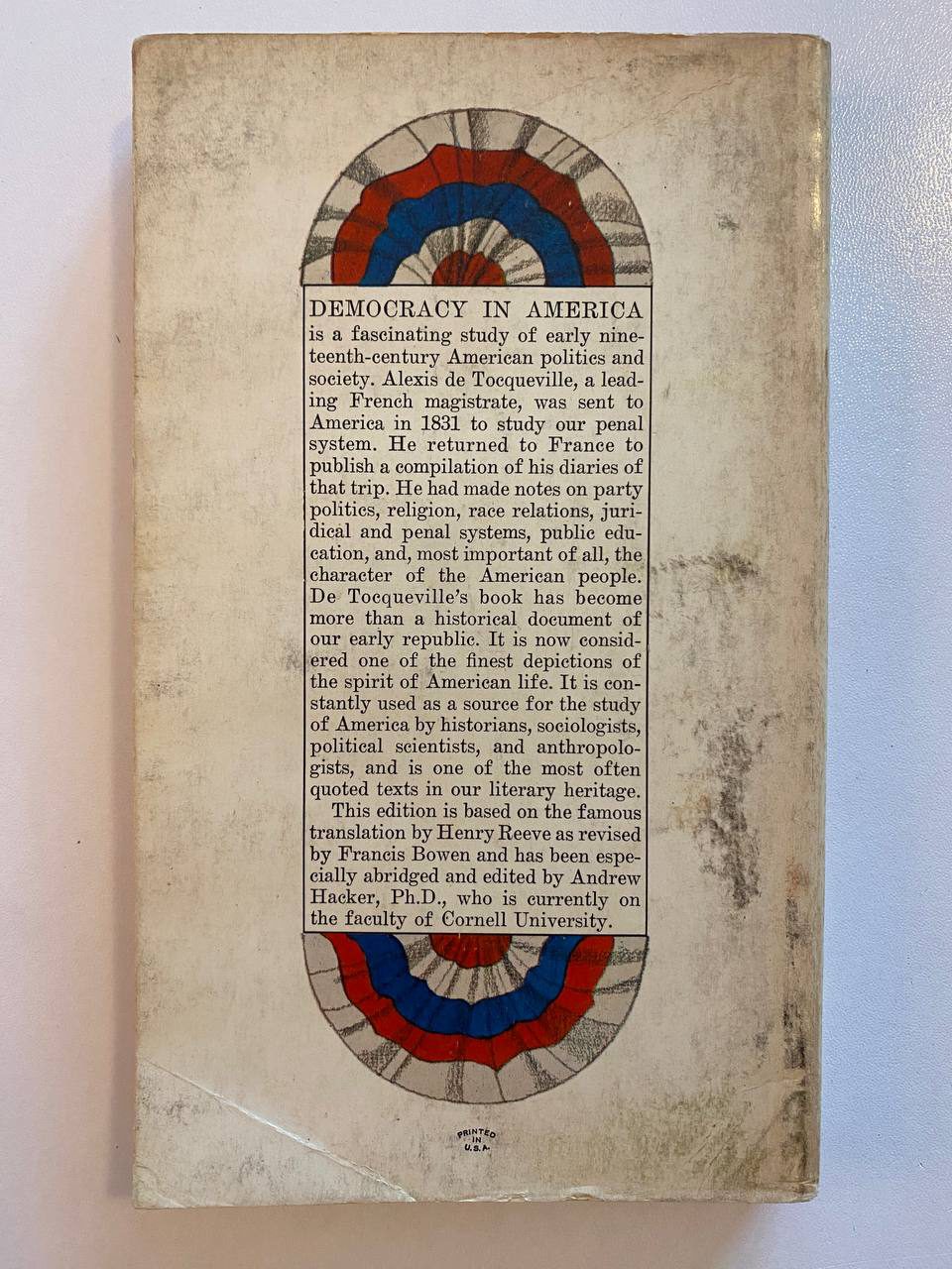 Back cover of Drew's copy of Democracy in America