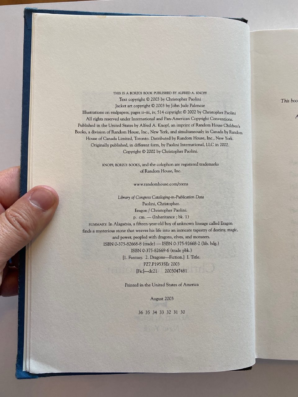 Interior or edition detail of Drew's copy of Eragon