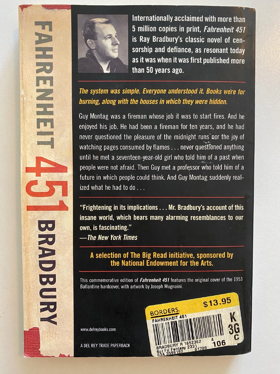 Back cover of Drew's copy of Fahrenheit 451