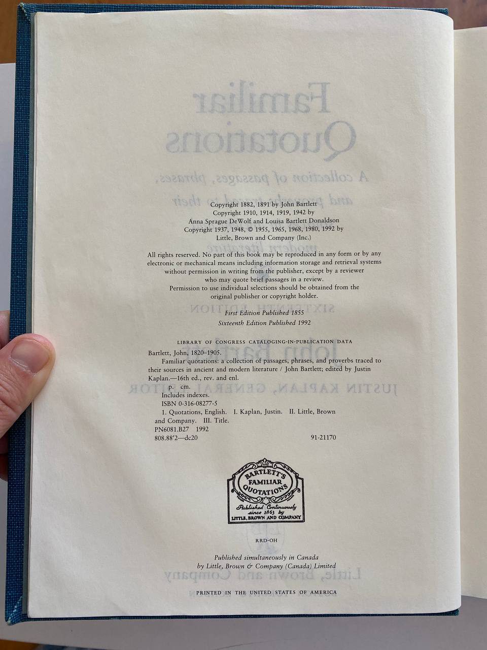 Copyright page of Drew's copy of Familiar Quotations