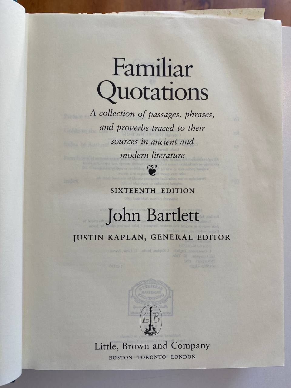 Title page of Drew's copy of Familiar Quotations