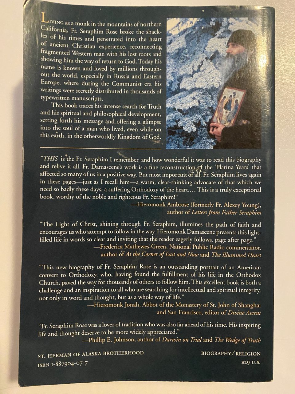 Back cover of Drew's copy of Father Seraphim Rose: His Life and Works