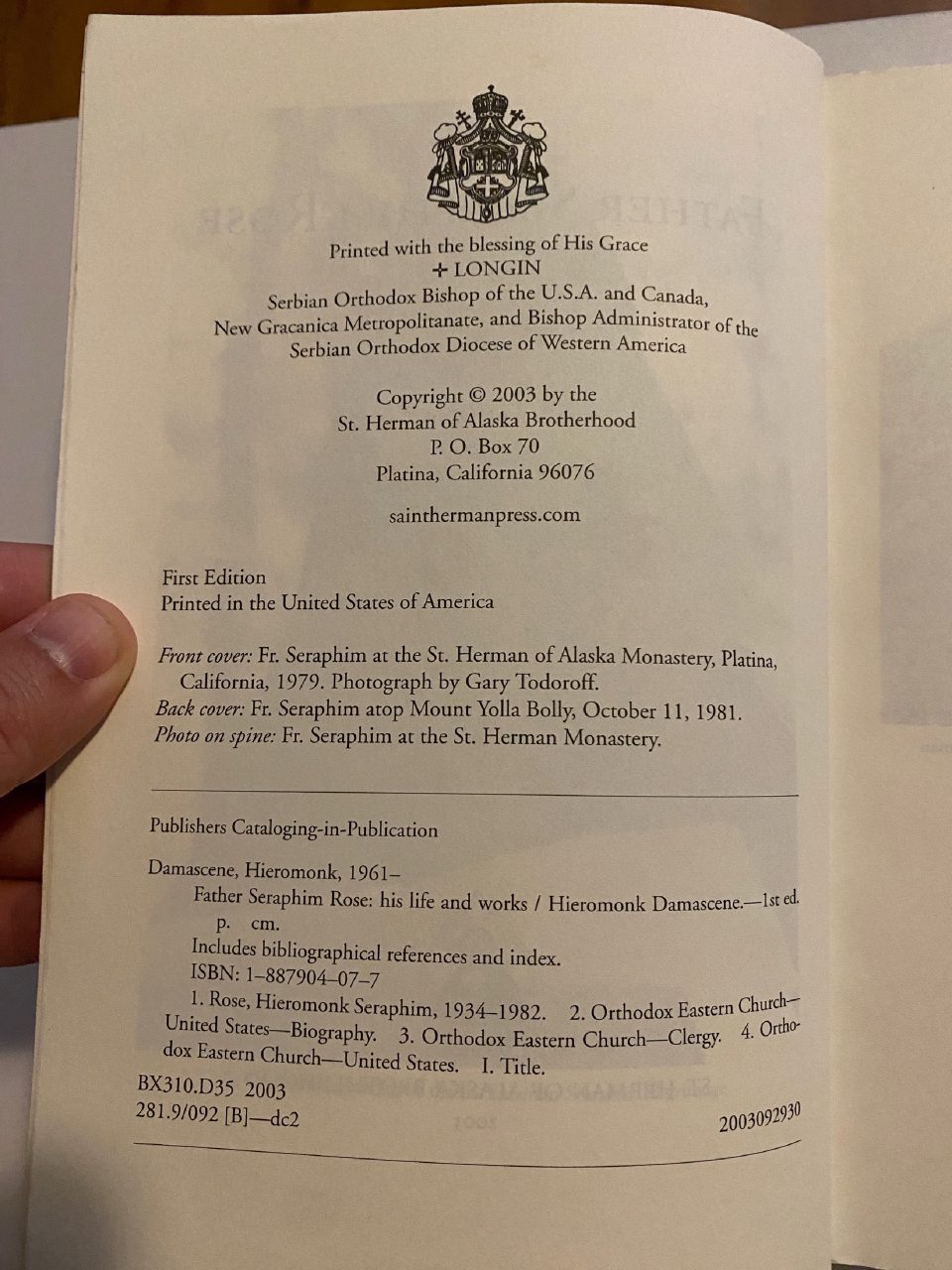 Physical detail of Drew's copy of Father Seraphim Rose: His Life and Works