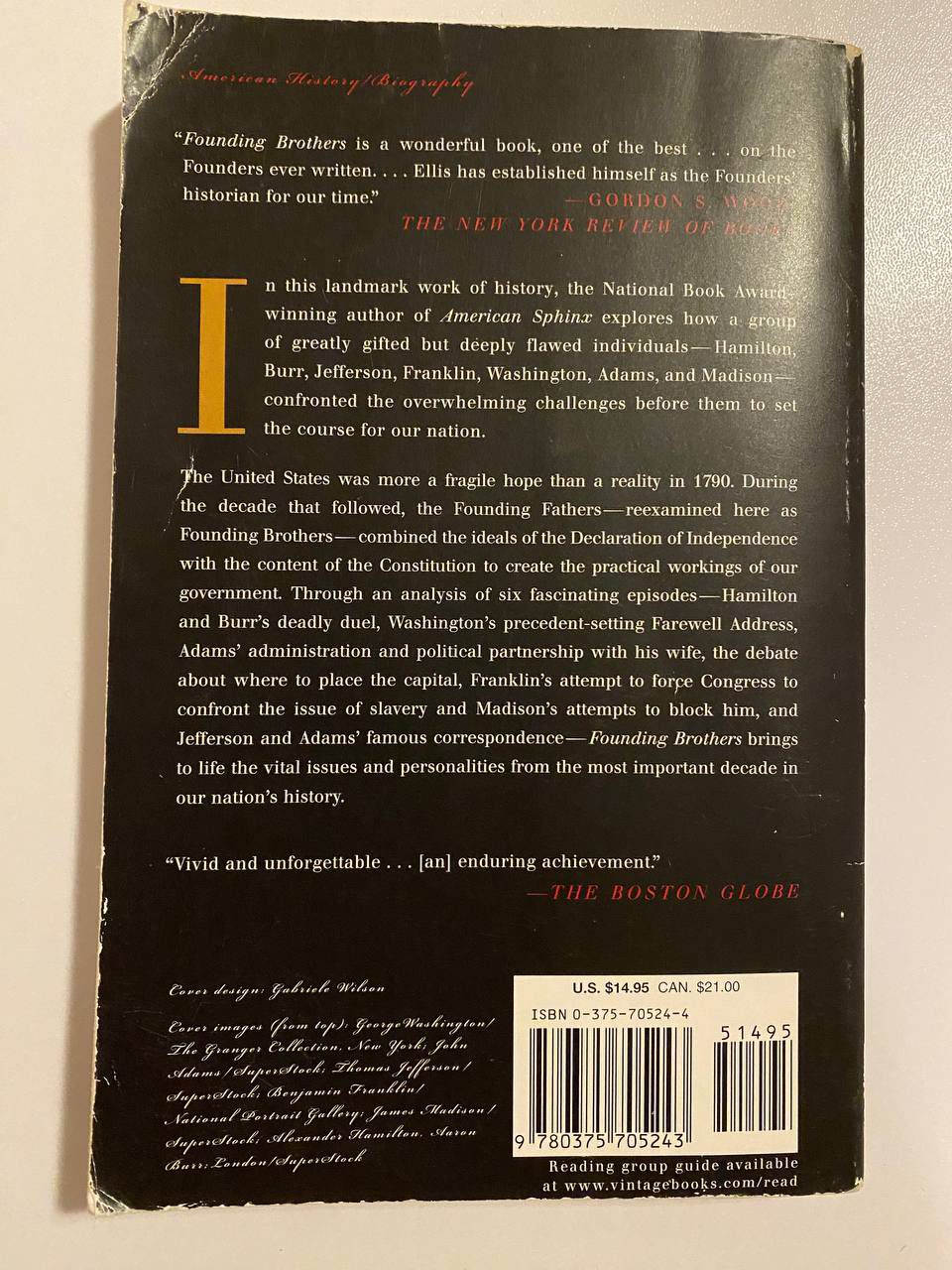 Back cover of Drew's copy of Founding Brothers
