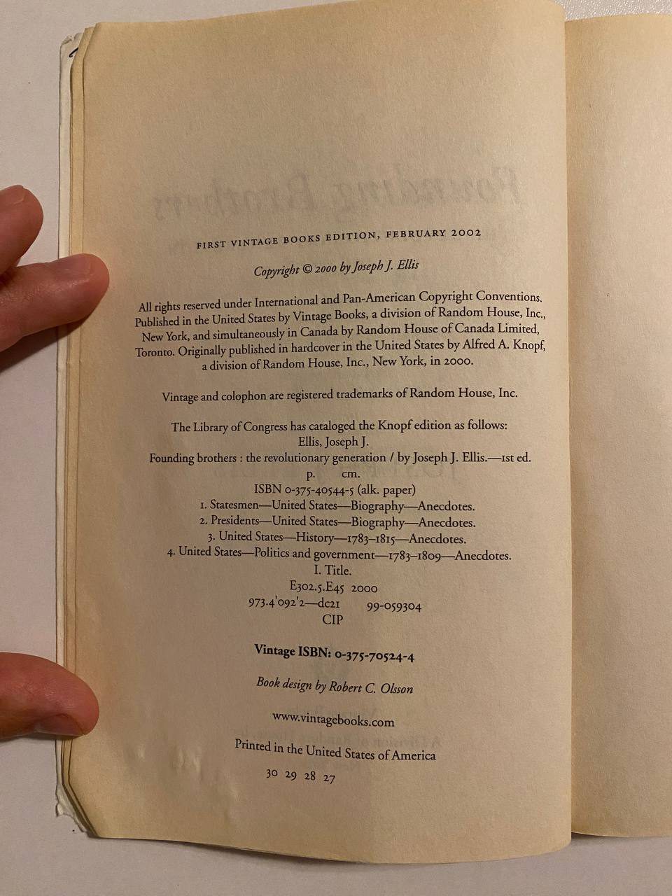 Copyright page of Drew's copy of Founding Brothers