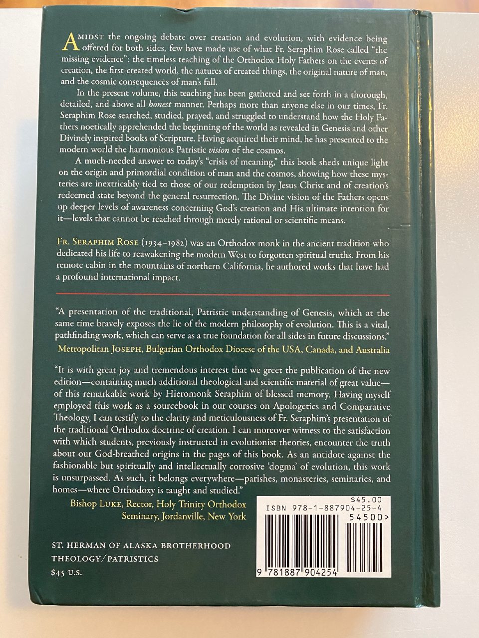 Back cover of Drew's copy of Genesis, Creation, and Early Man: The Orthodox Christian Vision