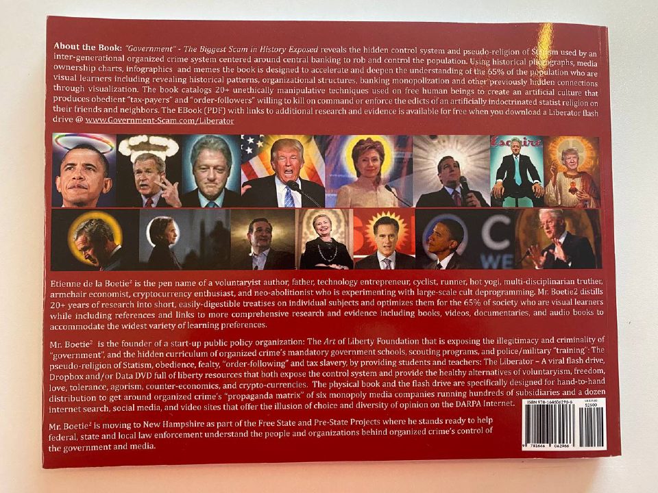 Back cover of Drew's copy of “Government” – The Biggest Scam in History