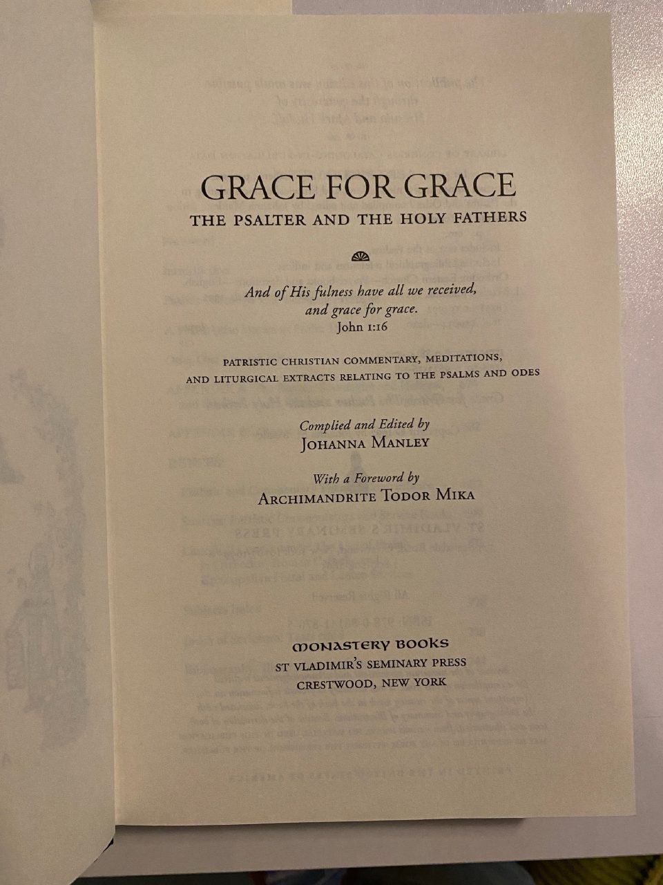 Physical detail of Drew's copy of Grace for Grace: The Psalter and the Holy Fathers