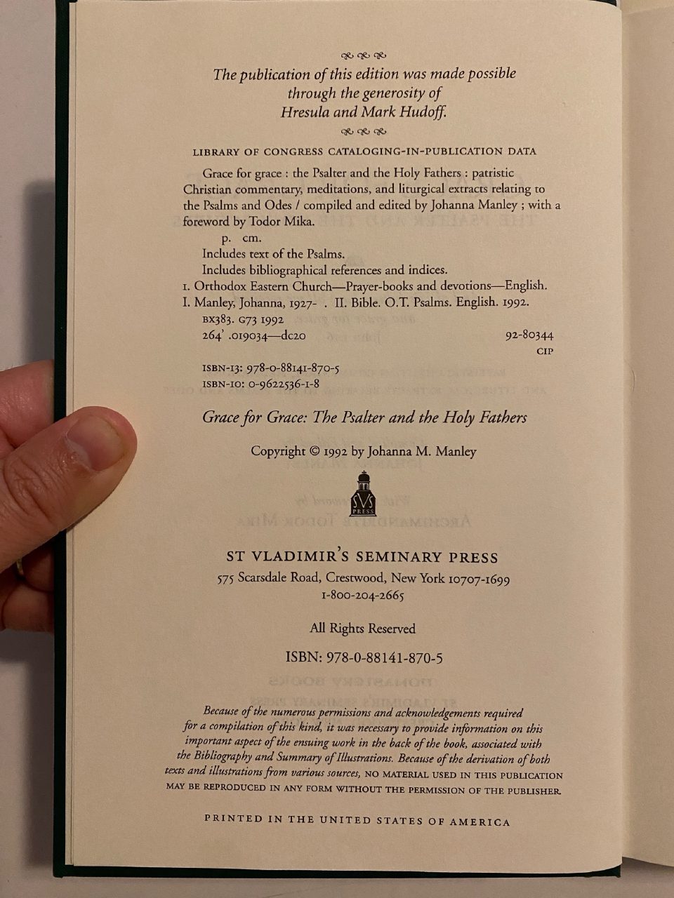 Physical detail of Drew's copy of Grace for Grace: The Psalter and the Holy Fathers