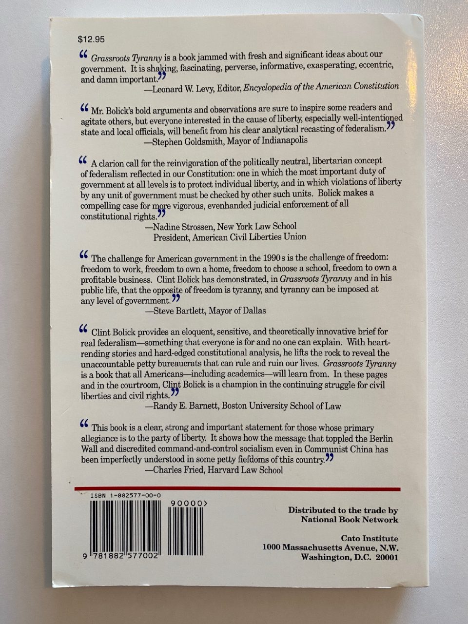 Back cover of Drew's copy of Grassroots Tyranny: The Limits of Federalism