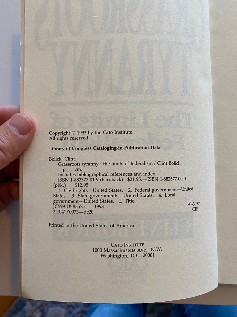 Physical detail of Drew's copy of Grassroots Tyranny: The Limits of Federalism