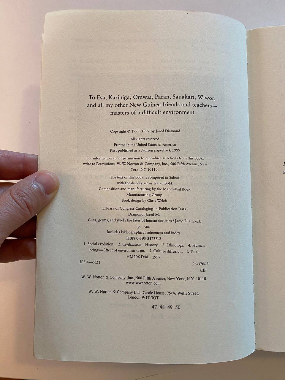 Copyright page of Drew's copy of Guns, Germs, and Steel