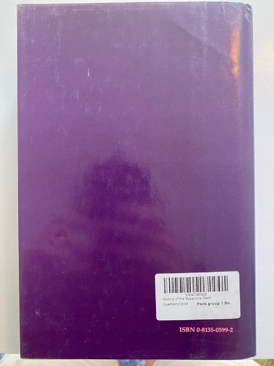 Back cover of Drew's copy of History of the Byzantine State