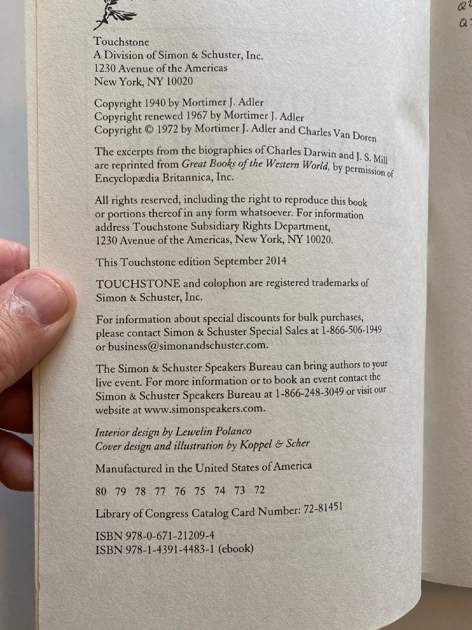 Physical detail of Drew's copy of How to Read a Book