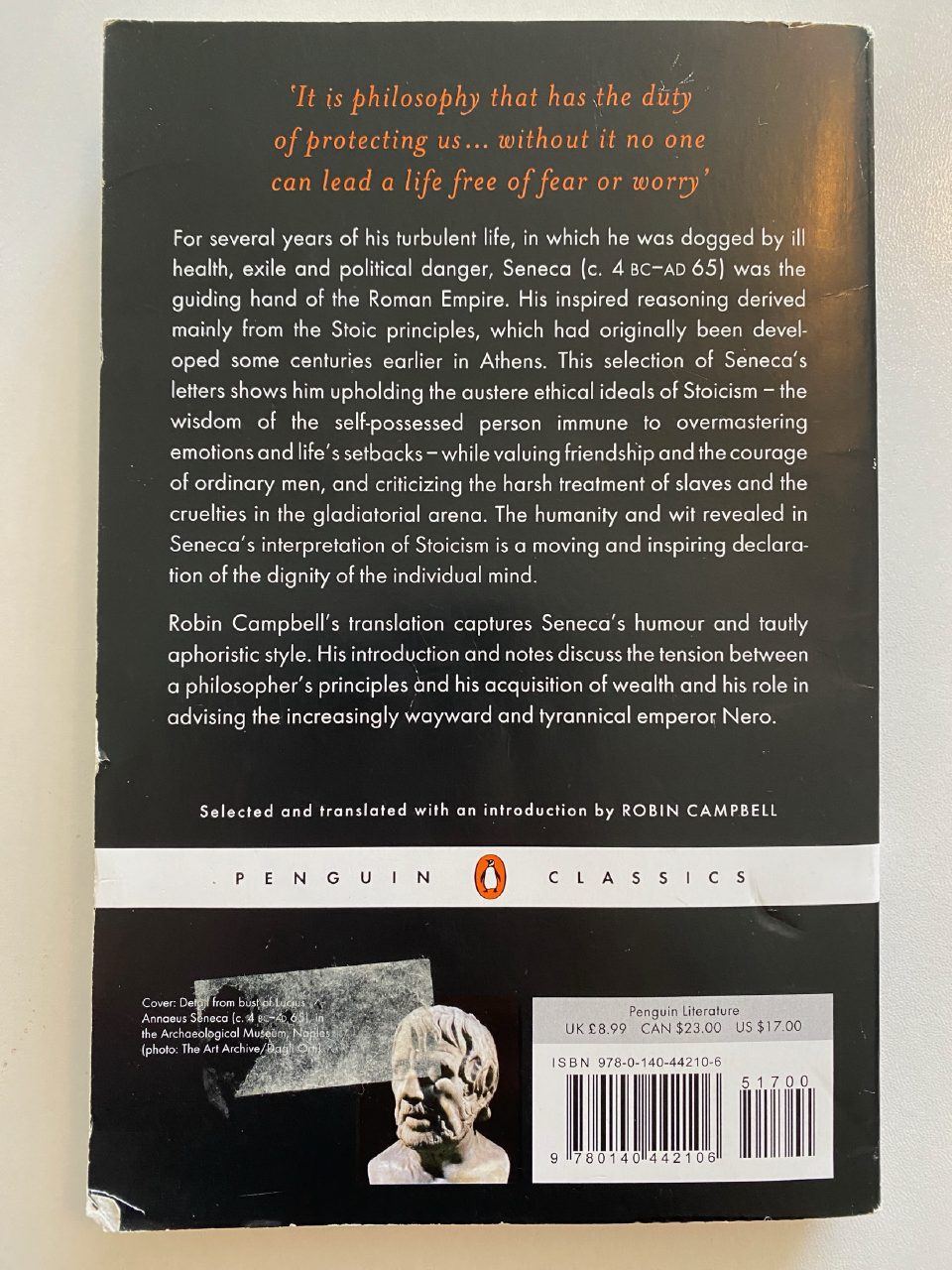 Back cover of Drew's copy of Letters from a Stoic