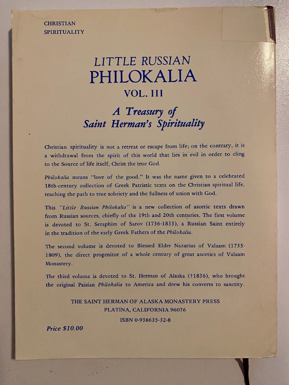 Back cover of Drew's copy of Little Russian Philokalia, Vol. III: St. Herman
