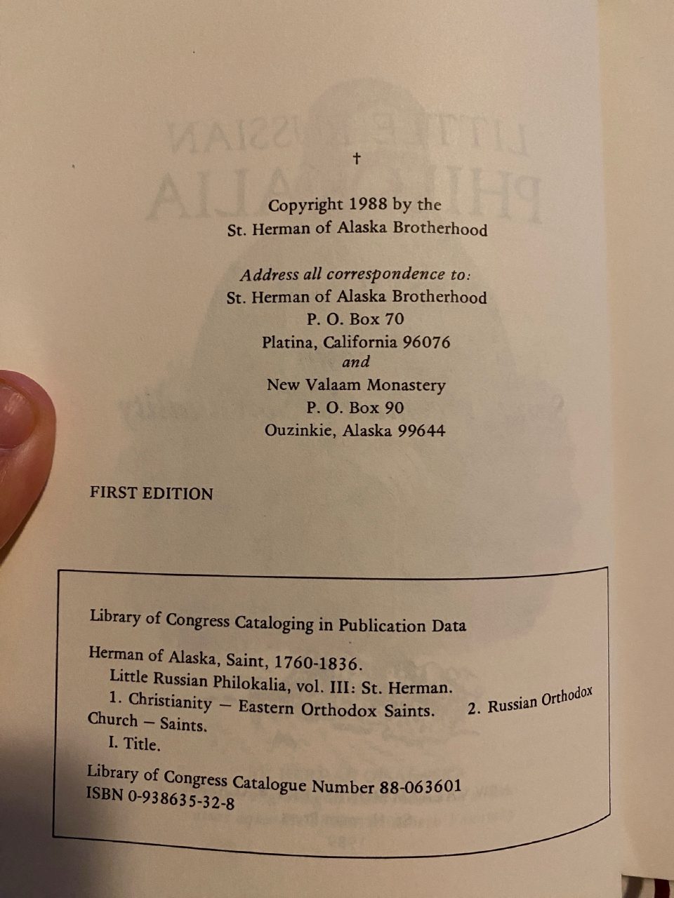 Physical detail of Drew's copy of Little Russian Philokalia, Vol. III: St. Herman
