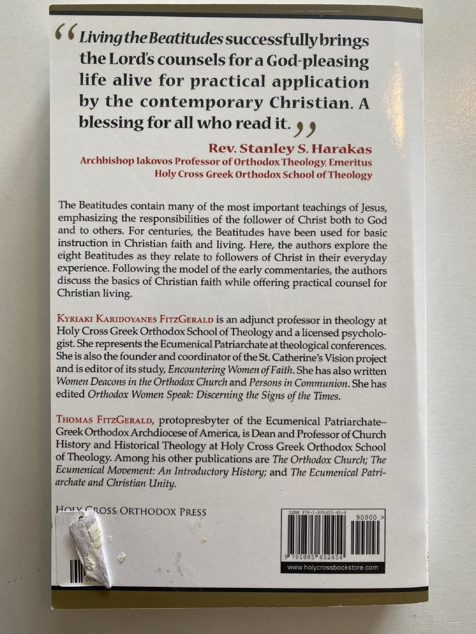 Back cover of Drew's copy of Living the Beatitudes: Perspectives from Orthodox Spirituality