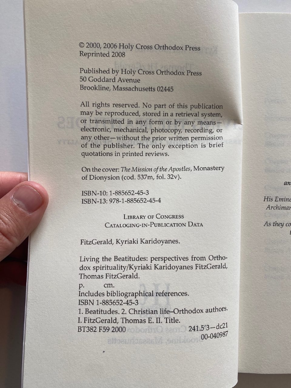 Physical detail of Drew's copy of Living the Beatitudes: Perspectives from Orthodox Spirituality