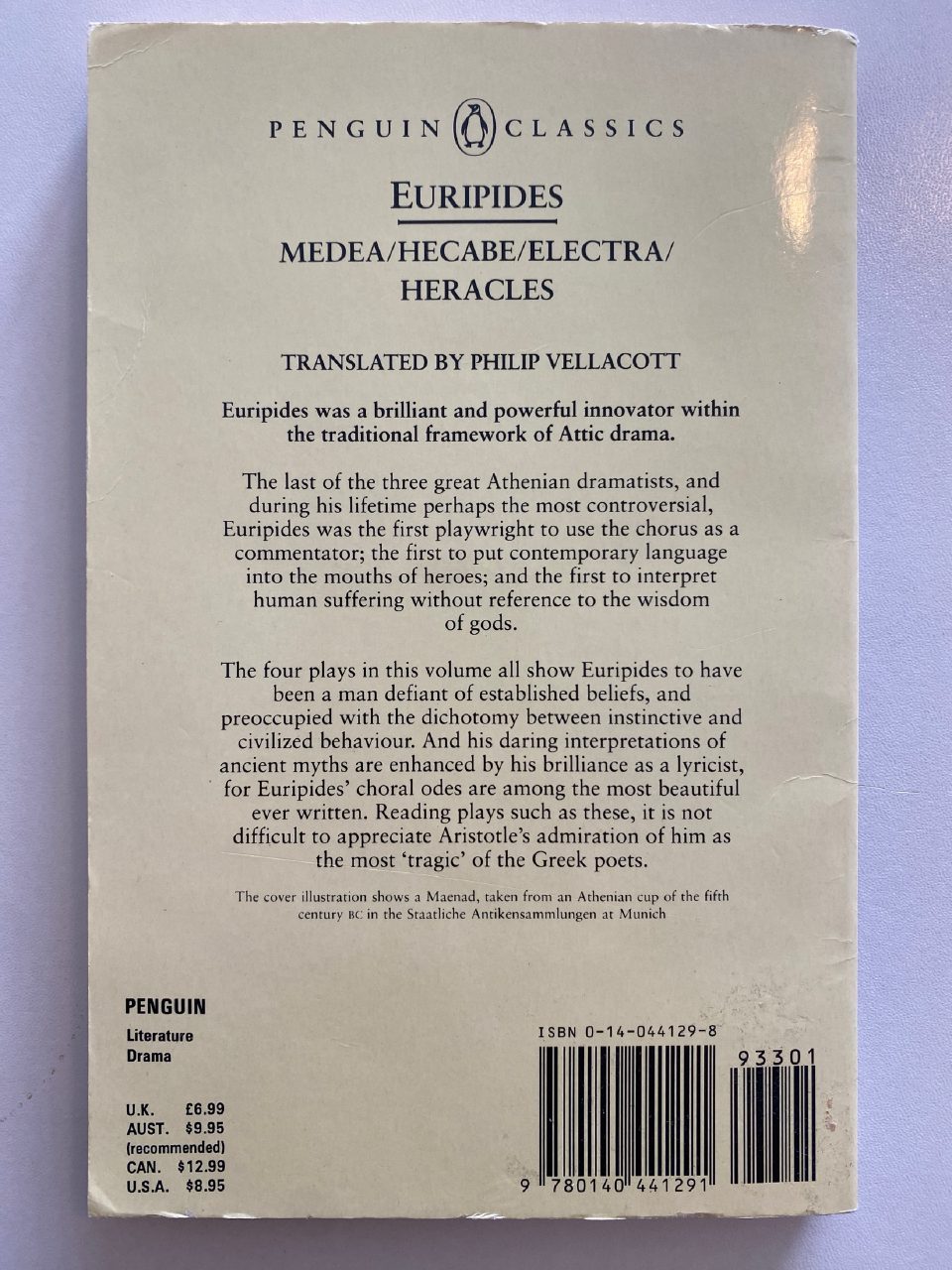 Back cover of Drew's copy of Medea and Other Plays