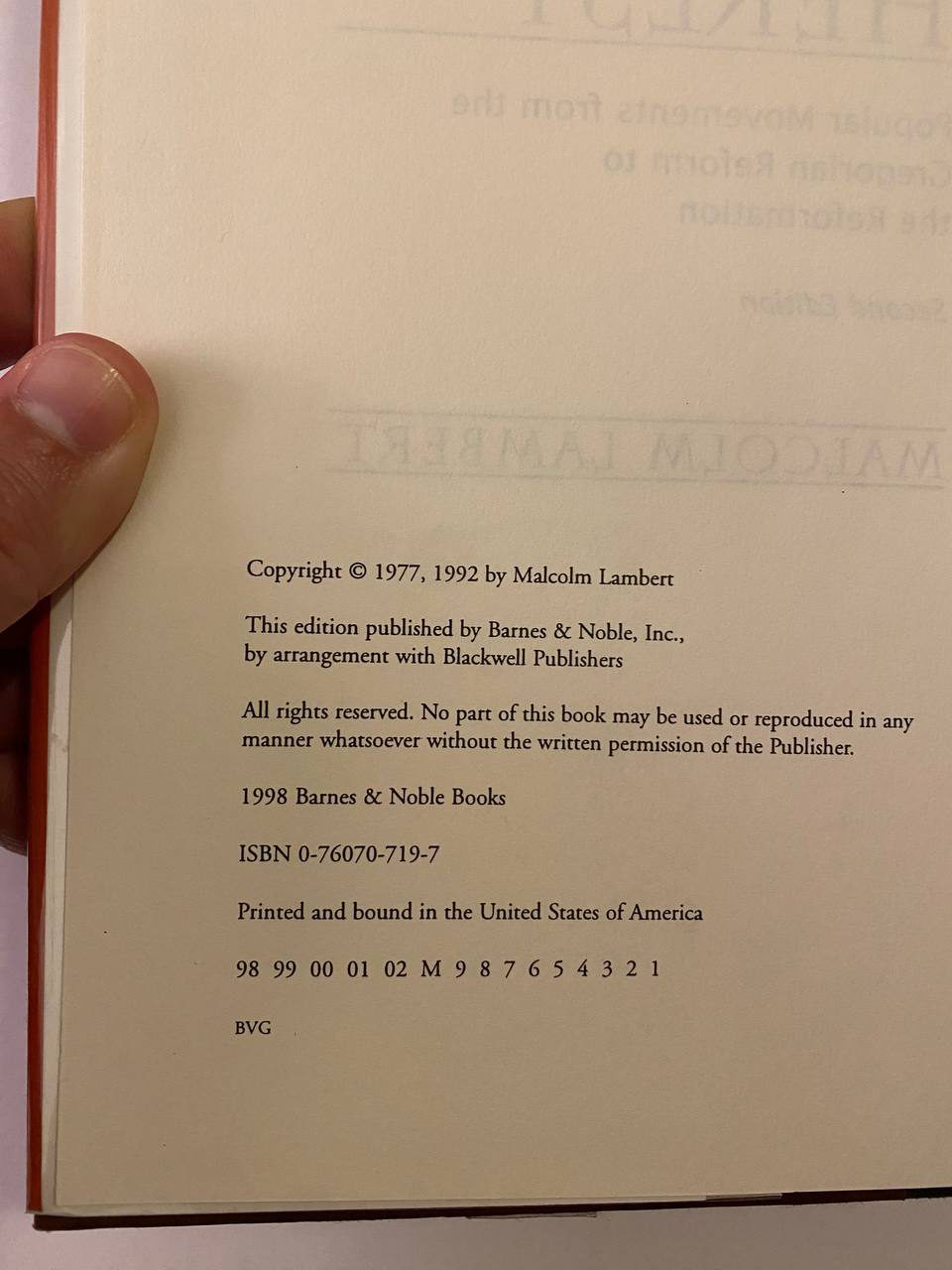Copyright page of Drew's copy of Medieval Heresy
