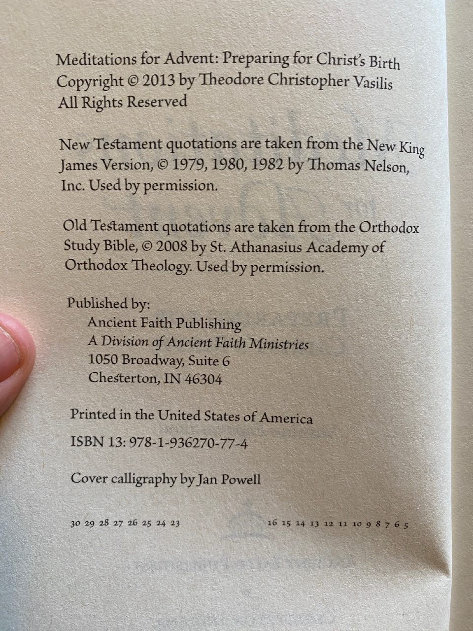 Physical detail of Drew's copy of Meditations for Advent
