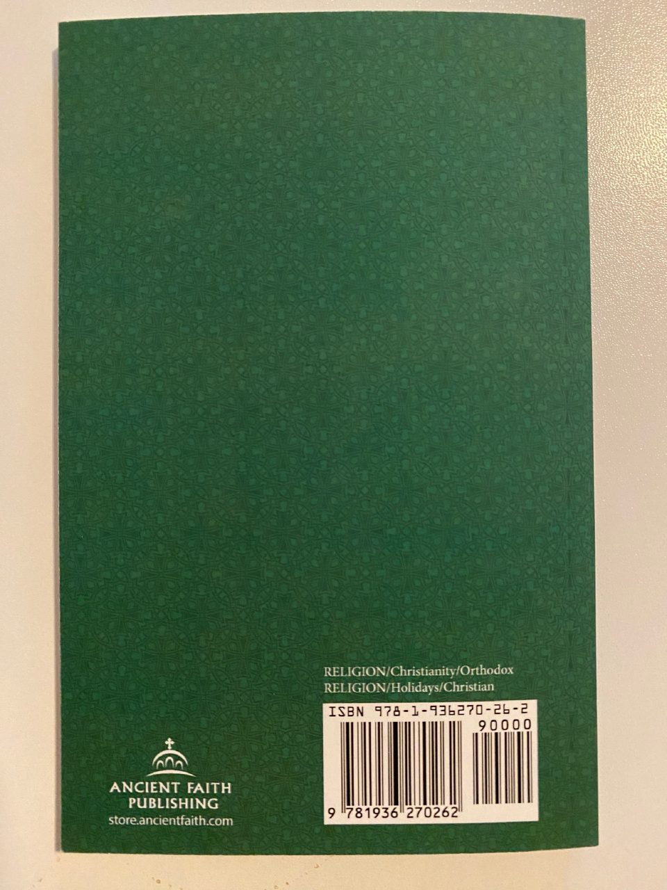 Back cover of Drew's copy of Meditations for the Twelve Great Feasts: Becoming Fully Human in Christ