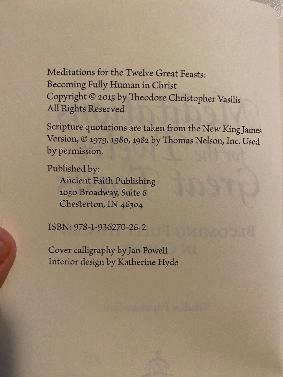 Physical detail of Drew's copy of Meditations for the Twelve Great Feasts: Becoming Fully Human in Christ