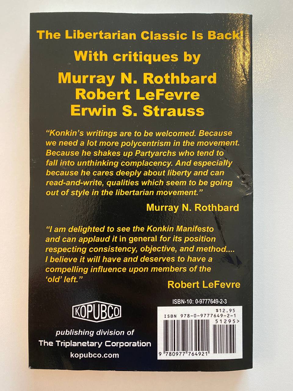 Back cover of Drew's copy of New Libertarian Manifesto
