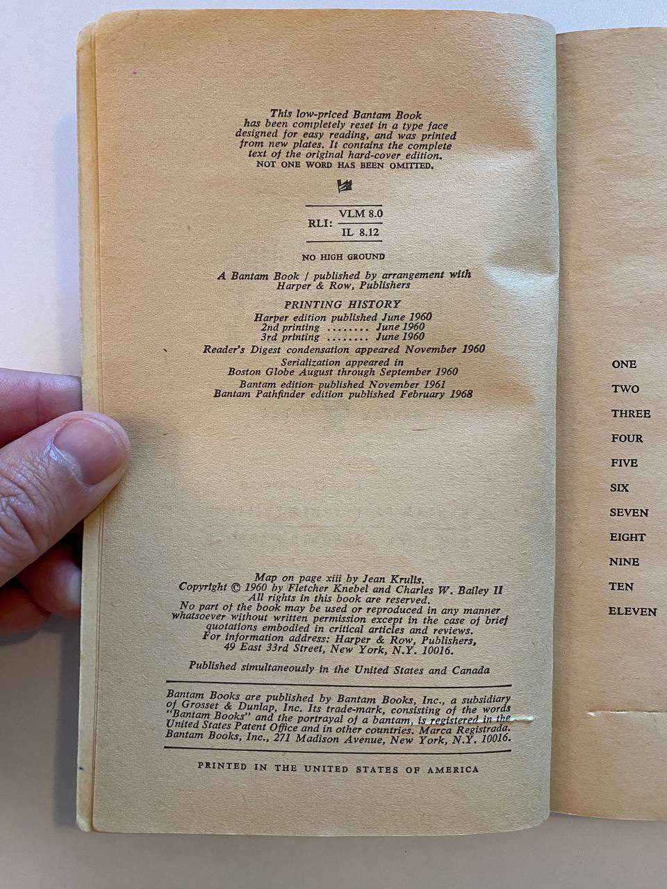 Copyright page of Drew's copy of No High Ground
