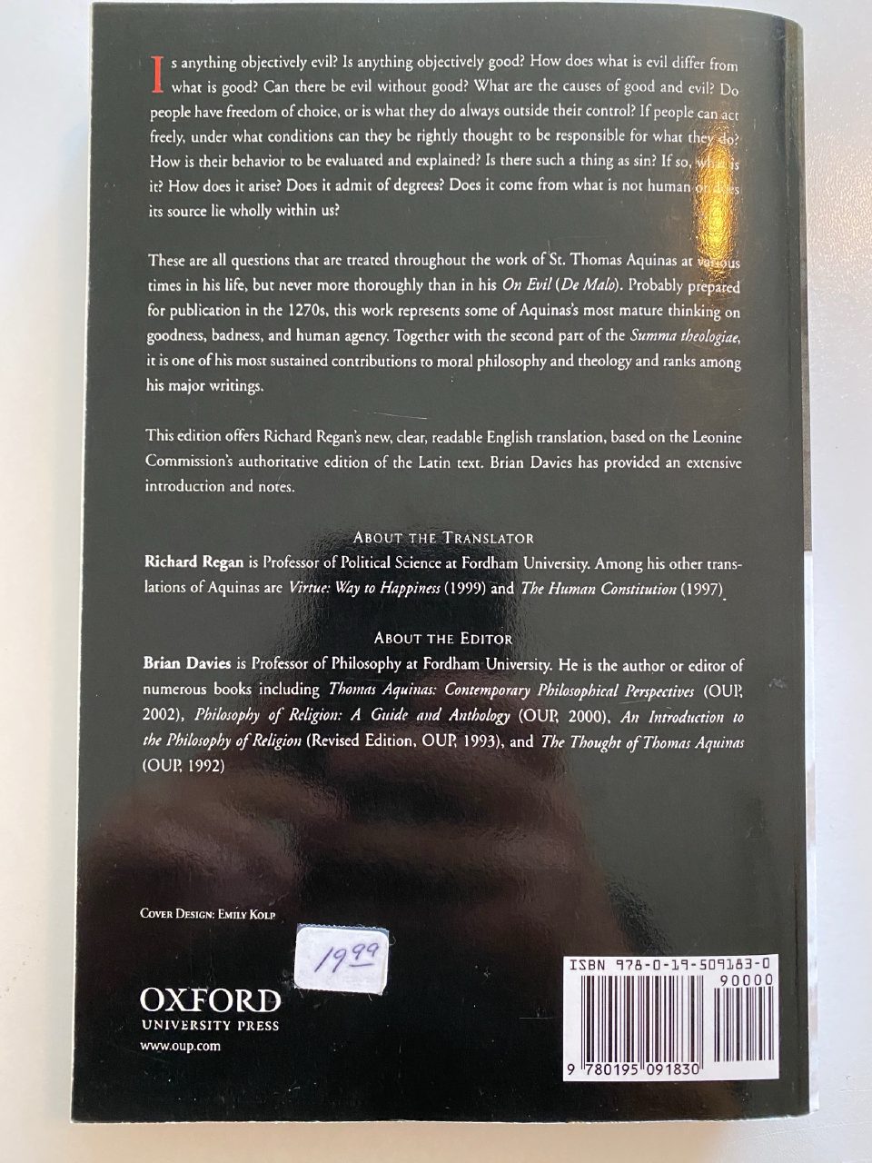 Back cover of Drew's copy of On Evil