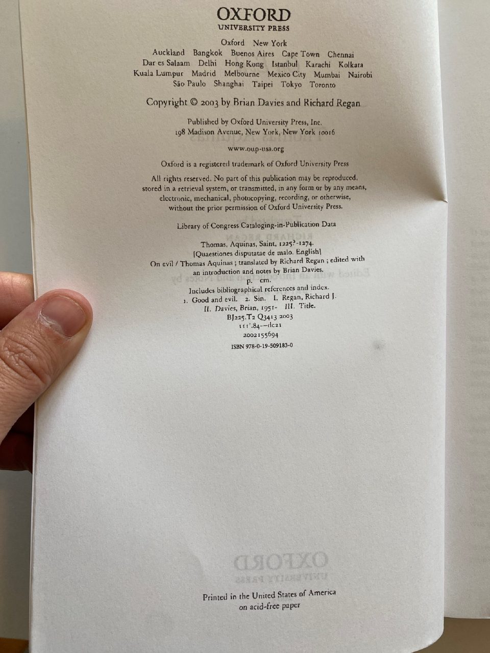 Physical detail of Drew's copy of On Evil